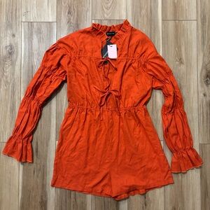 Pretty Little Thing Rust Linen Look Lace Up Tiered Sleeve Playsuit Size 12 Sexy